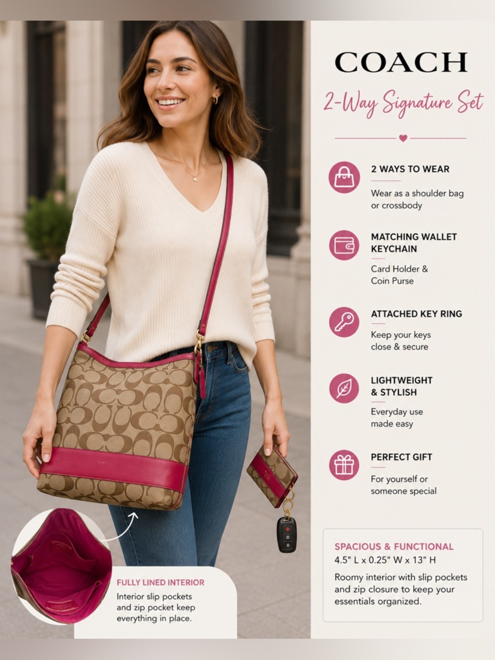PURSE AND WALLET: COACH 2-Way Signature Khaki & Pink File Bag & Keychain Wallet
